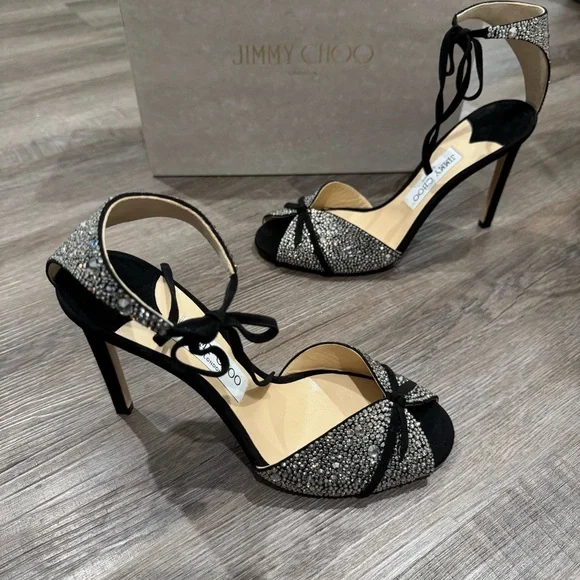Jimmy Choo Talaya 100 Black Suede Crystal Hotfix Embellished Heels Sandals - Picture 3 of 13
